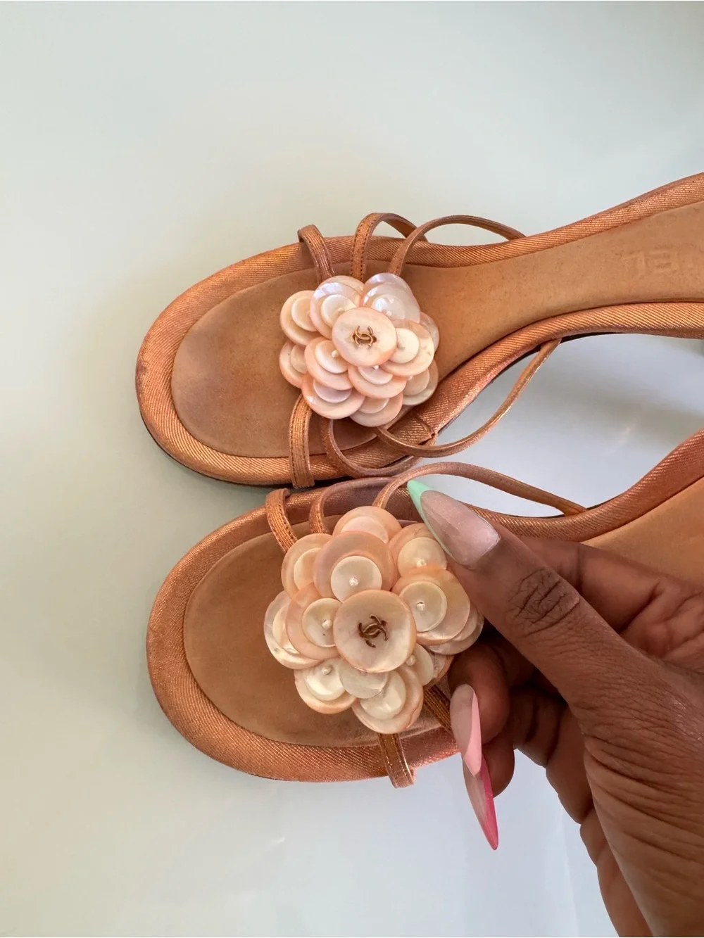 Authentic CHANEL Rose Gold Camellia Slide Sandals